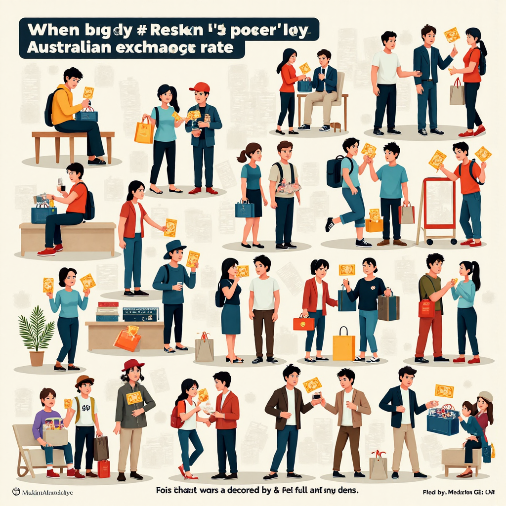 台灣人參與澳洲旅行、留學與網購，受澳幣匯率影響的生動插圖