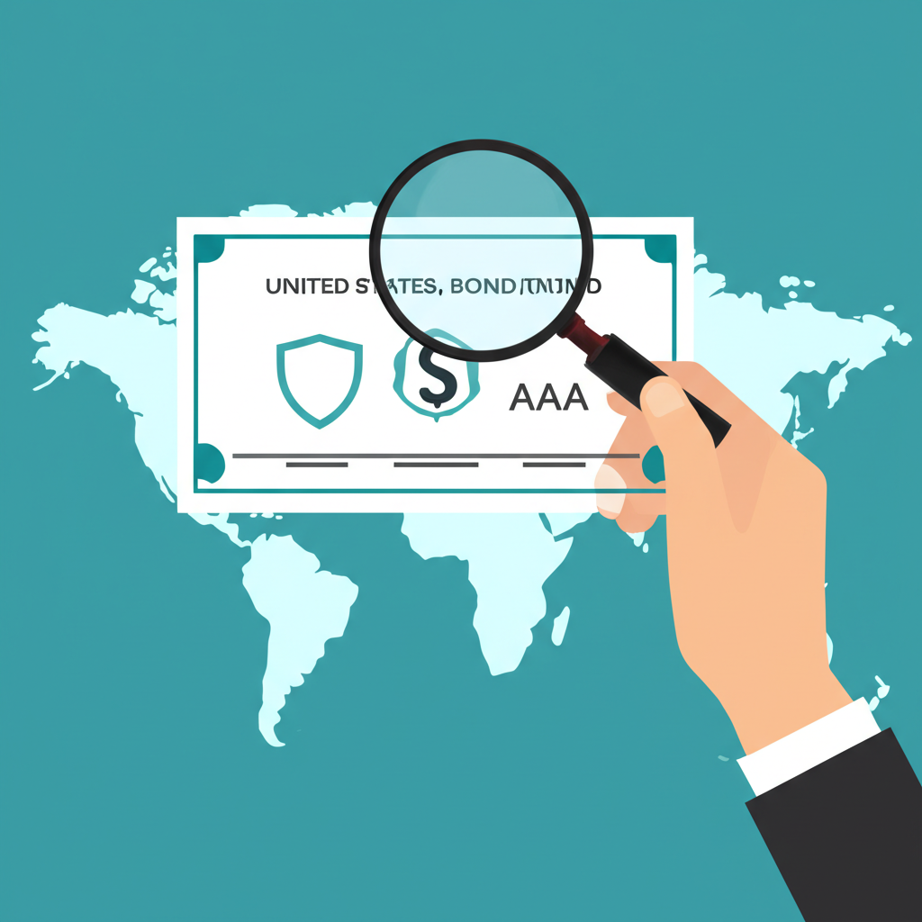 手持美國債券證書檢視AAA信用評級與安全盾牌插圖