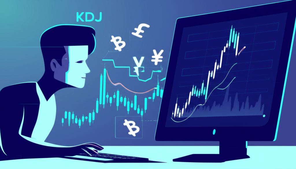 交易者自信觀察KDJ圖表,環繞股票蠟燭圖與貨幣符號,象徵成功洞察市場