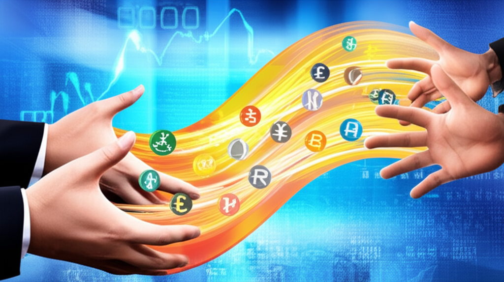 全球貨幣在買賣雙方之間順暢流動的插圖，代表高流動性的金融市場