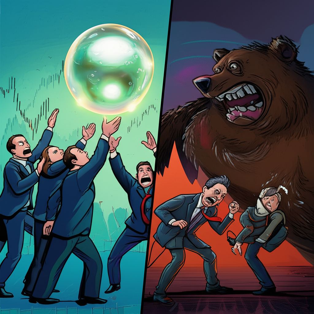 貪婪與恐懼驅動市場行為插圖,一邊是牛市中興奮投資者追逐泡沫,另一邊是熊市中恐慌拋售,視覺化非理性行為