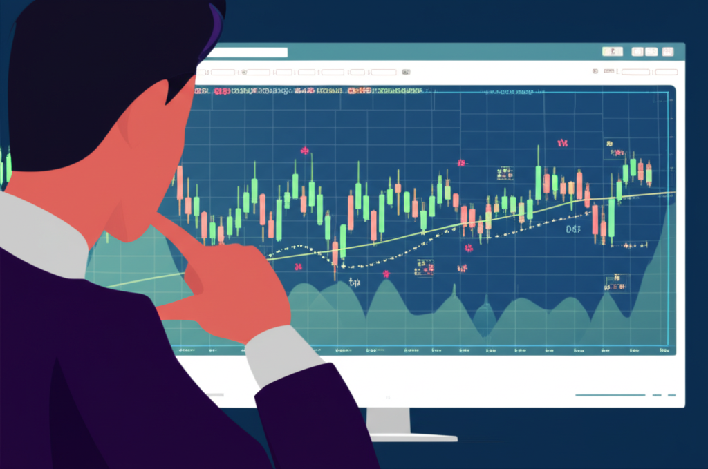 交易者觀察數字化外匯圖表的插圖,顯示線條、條形和蠟燭圖代表貨幣價格變動,用於理解市場趨勢並做出明智交易決定