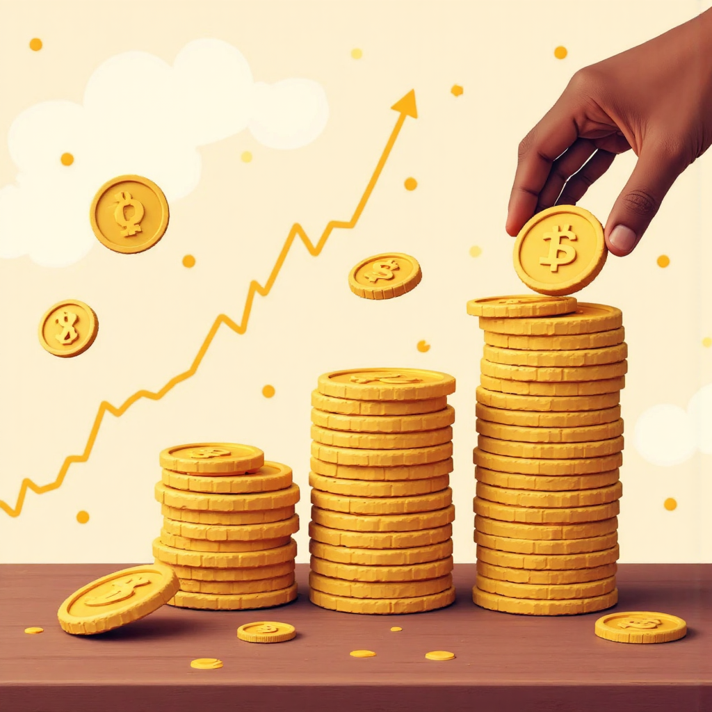 投資加倉概念的像素藝術插圖,手部添加金幣到投資堆疊,營造溫暖樂觀氛圍