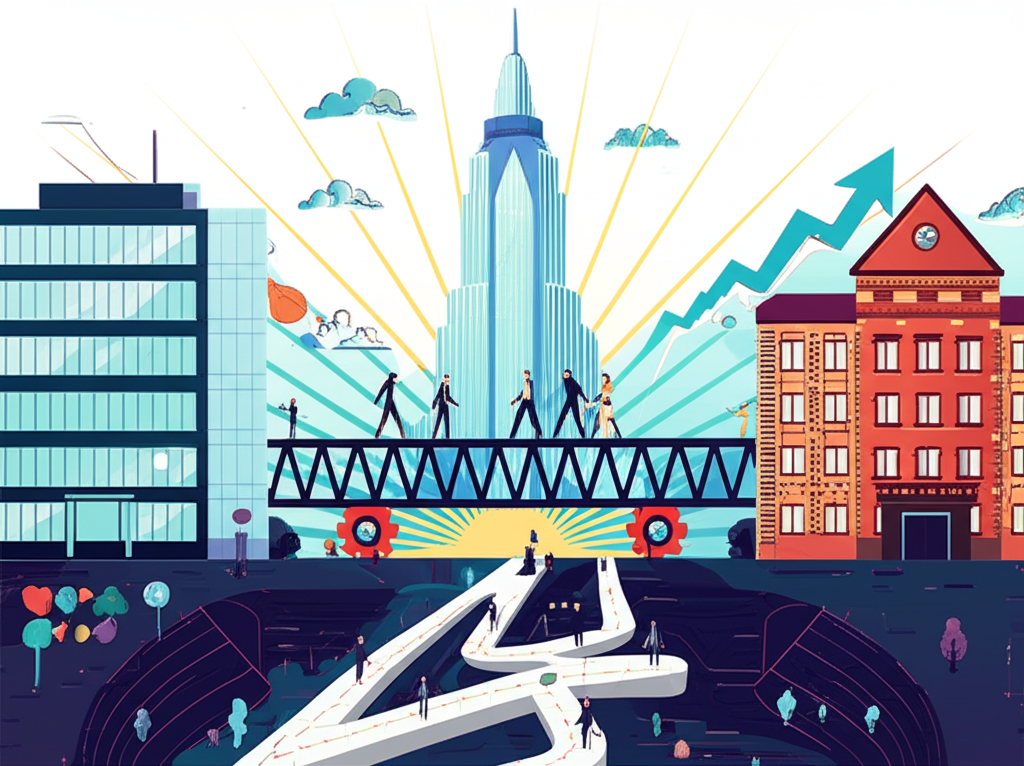 商業景觀插圖,展示兩家公司策略性結合資源與市場存在,以實現超越個別成長的雄心目標