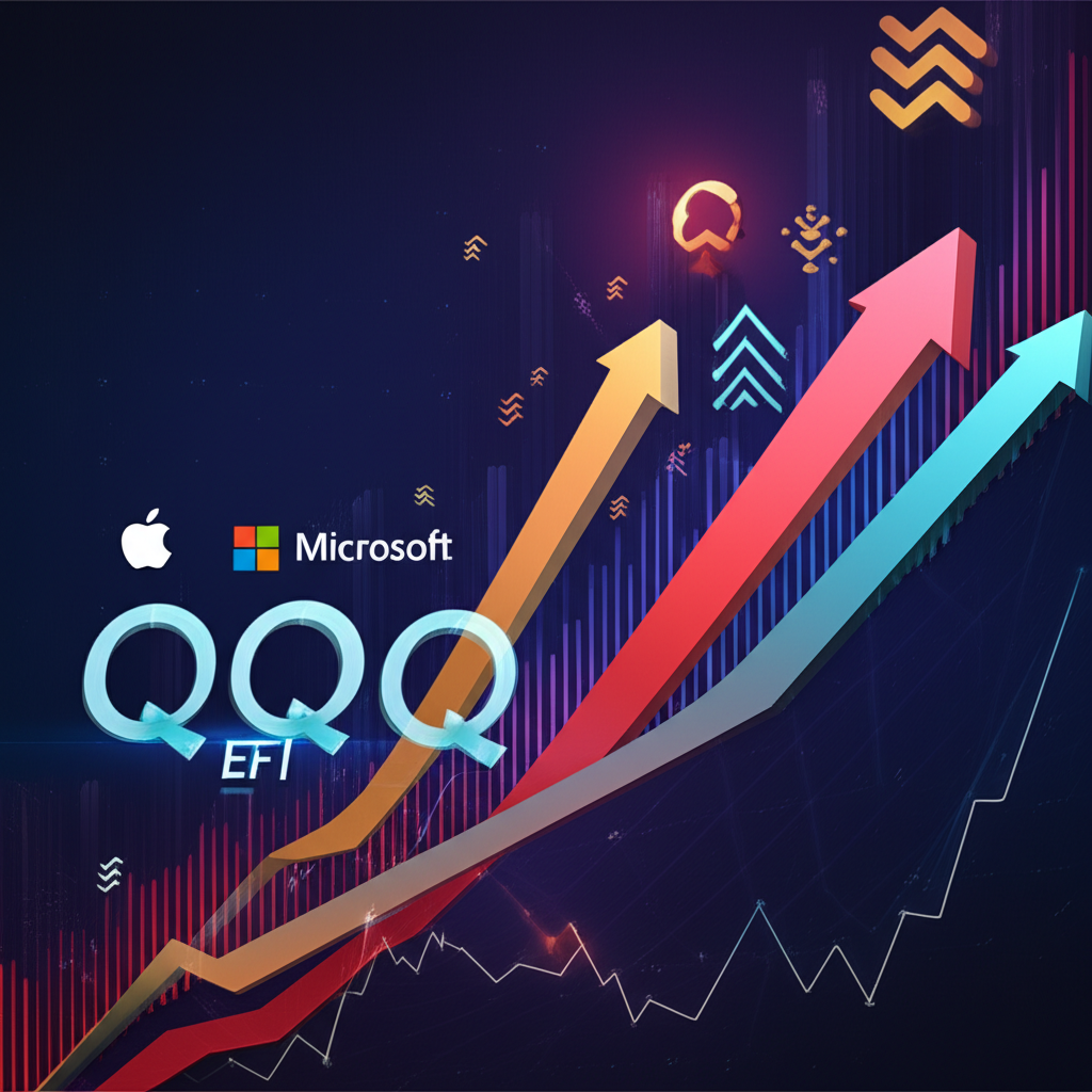 QQQ ETF 成長與創新插圖,展示股市上漲趨勢與科技公司標誌