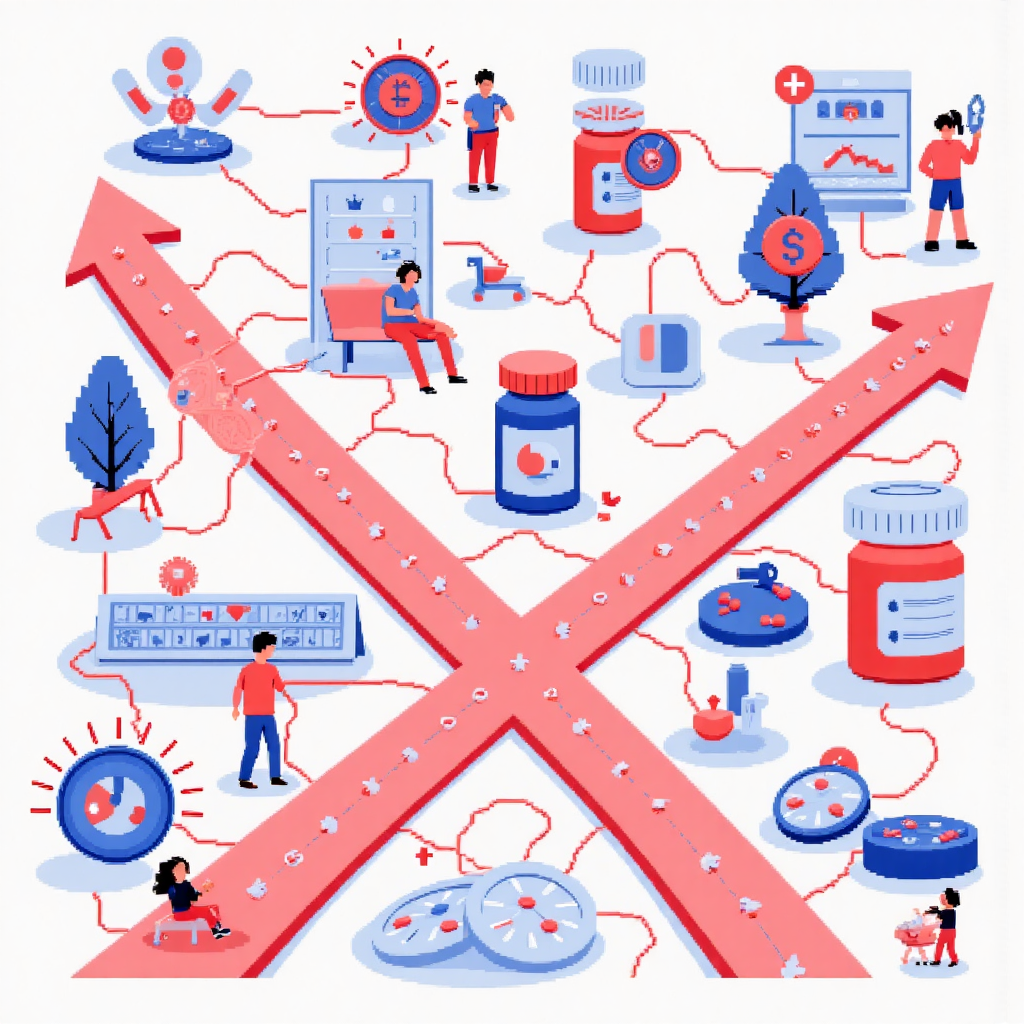 十字路口通往加密貨幣、藥品與股票圖表的像素藝術插圖，象徵場外交易的多樣路徑