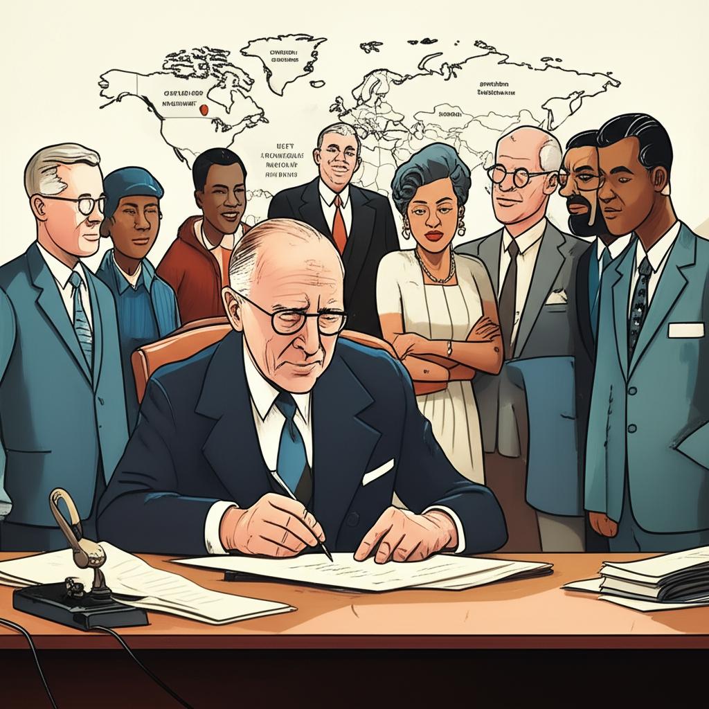 1960年艾森豪總統簽署法案,周圍環繞多元民眾,背景世界地圖顯示各國採用REITs概念,強調歷史起源與全球擴展