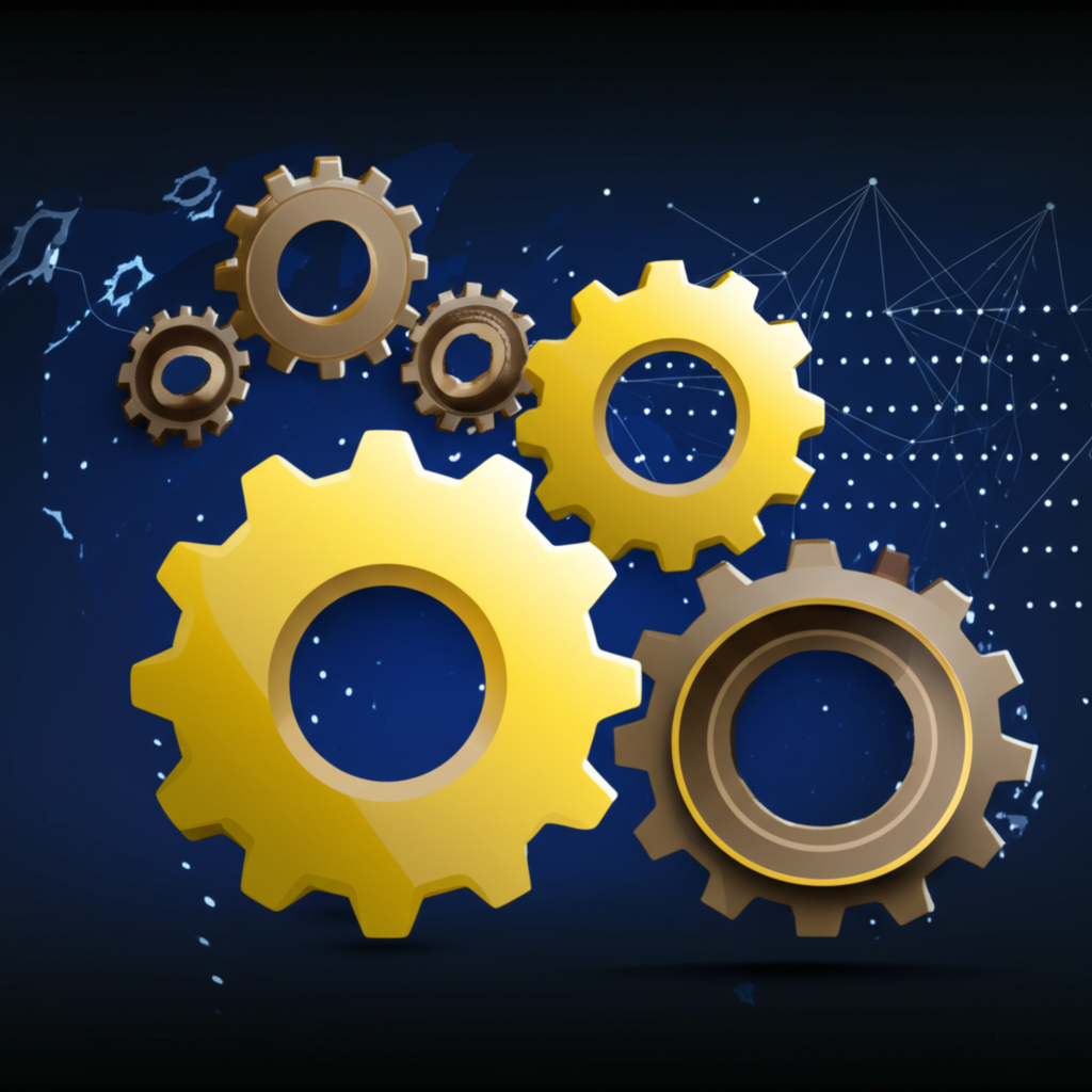 兩家公司合併齒輪與資源的插圖,象徵全球競爭與策略轉型,帶來規模經濟與創新提升