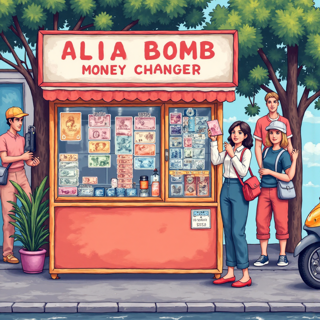 旅客在新加坡貨幣兌換攤位快樂交換貨幣的迷人插圖,熱鬧街景、多樣人群,像素藝術風格,柔和粉彩調