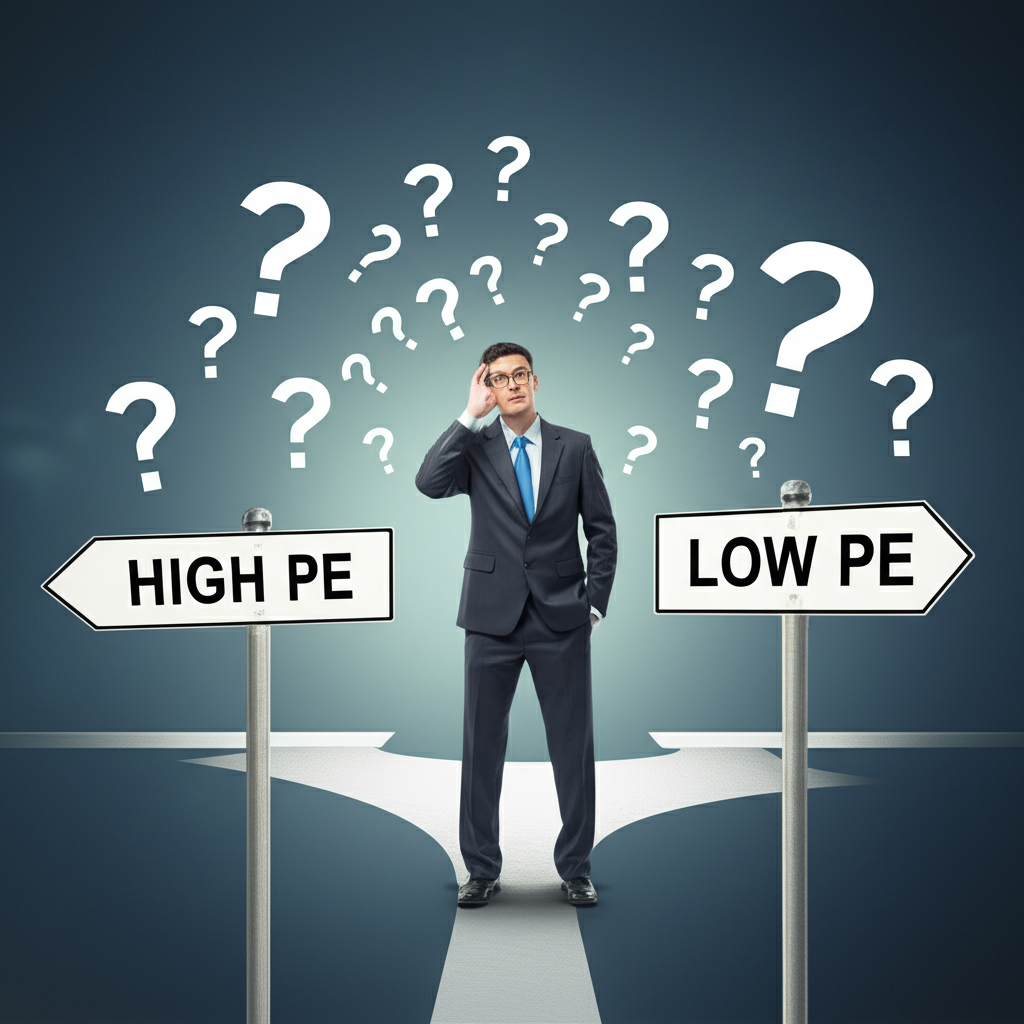 困惑的投資者在標記高本益比和低本益比的十字路口站立,周圍有問號,挑戰本益比僅高低好壞的常見迷思