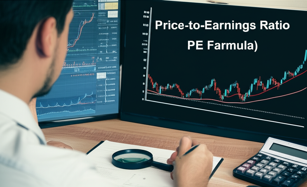 投資者查看股票圖表,旁邊有計算器和放大鏡,以及大型本益比公式插圖,展示股票估值的基礎概念