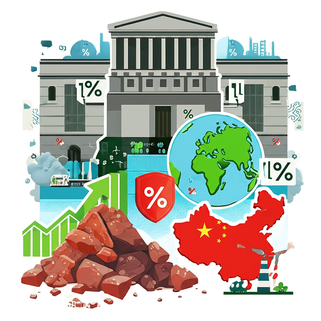 影響澳幣匯率的關鍵因素插圖,包括鐵礦砂堆、中央銀行、全球事件與中國經濟地圖