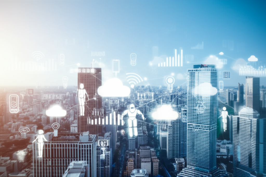 數位轉型城市天際線插圖，展示雲端運算、大數據、人工智慧和物聯網元素代表科技轉變與企業演進