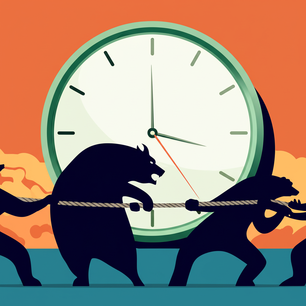 多頭與空頭拉鋸的圖示,代表買賣平衡導致橫盤,以及等待消息與主力操作