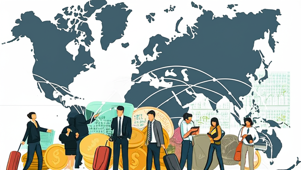 澳幣貨幣與全球經濟符號的投資者、學生和移民分析插圖