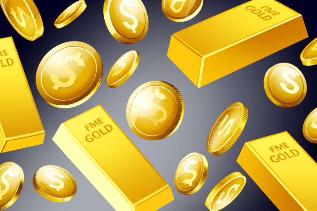 黃金投資市場中浮動的金幣與金條,象徵紙黃金作為便捷低門檻的避險資產