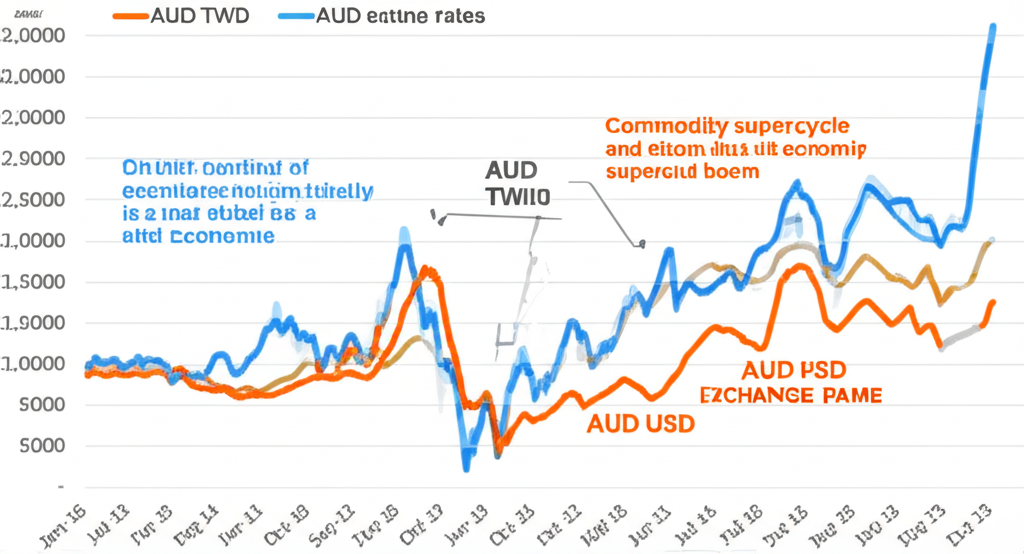 澳幣兌台幣及美元匯率歷史走勢圖,標註商品超級週期與經濟衰退里程碑
