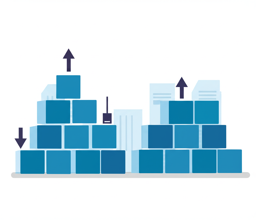 不同大小積木代表美股一股、零股與整股概念的插圖,箭頭顯示交易彈性