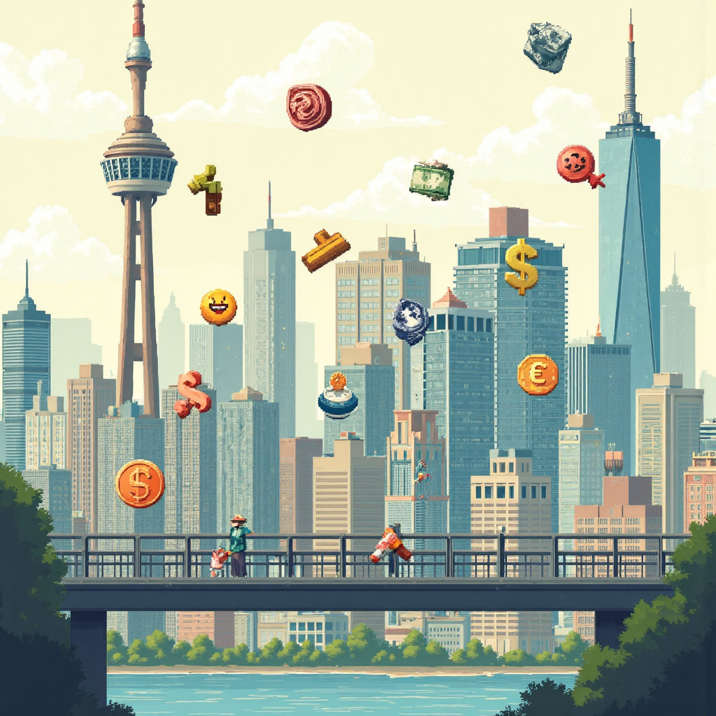 全球貨幣兌換比較與國際城市天際線的像素藝術插圖