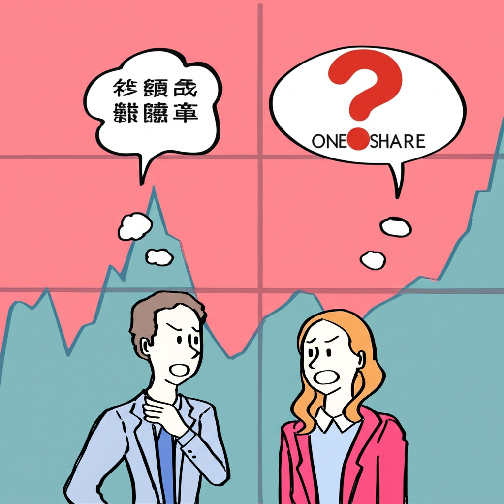 台灣和香港投資人對股票張單位感到困惑的插圖,背景為股市圖表並有問號思想泡泡