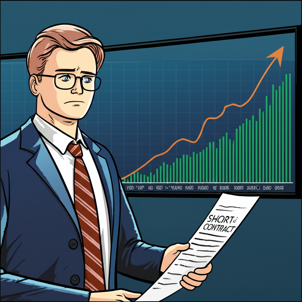 擔憂投資人持放空合約盯著急升股價圖,箭頭向上顯示連續漲停的惡夢情境