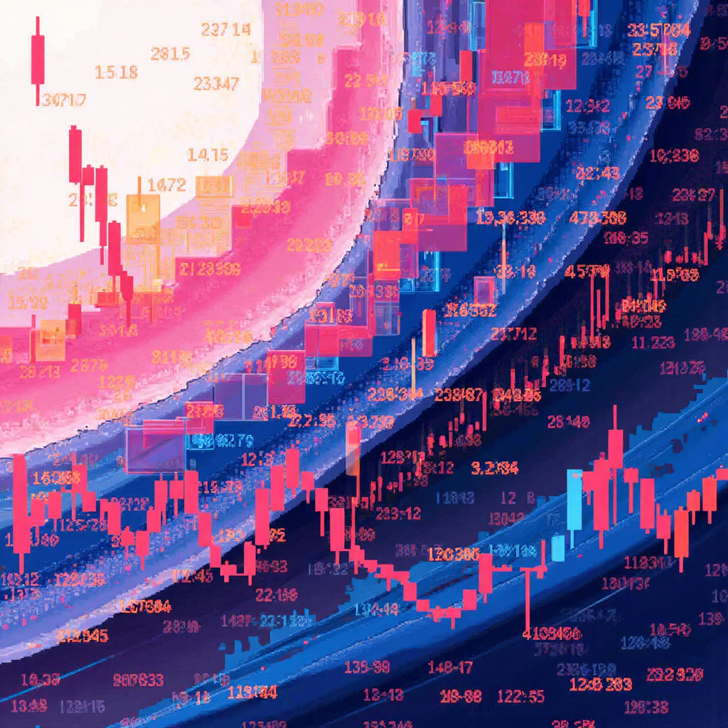 重疊貨幣兌換圖表與動態線條的抽象像素藝術，傳達金融市場的複雜性與活力