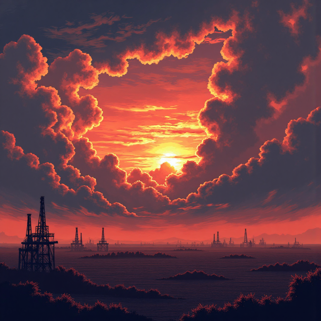 中東油田在暴風雨天空下，旭日東升象徵衝突與變革的戲劇性插圖