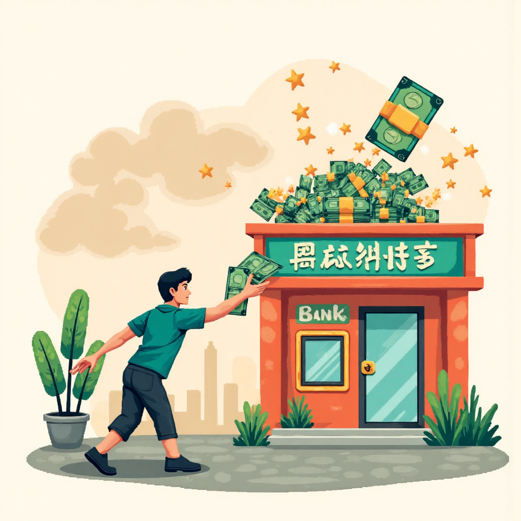 台灣小企業主從銀行獲得現金爆發的像素藝術插圖，代表快速資金存取的動感場面