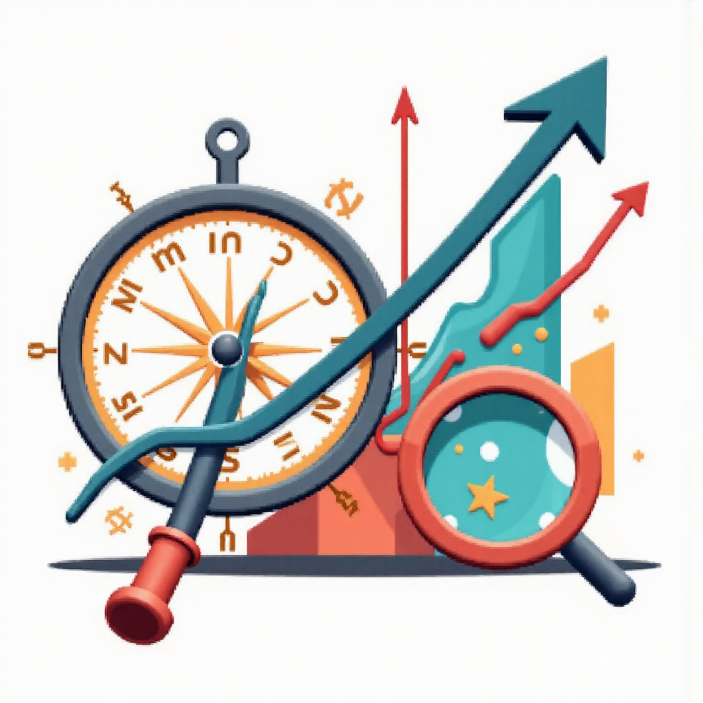 策略規劃的像素藝術插圖,指南針指向上升市場圖表,放大鏡強調決策點,傳達深思熟慮的導航感