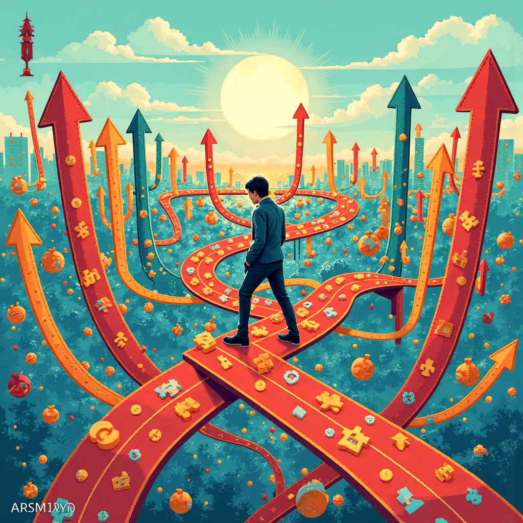 像素藝術風格的投資者穿越趨勢箭頭迷宮插圖,象徵發掘投資機會