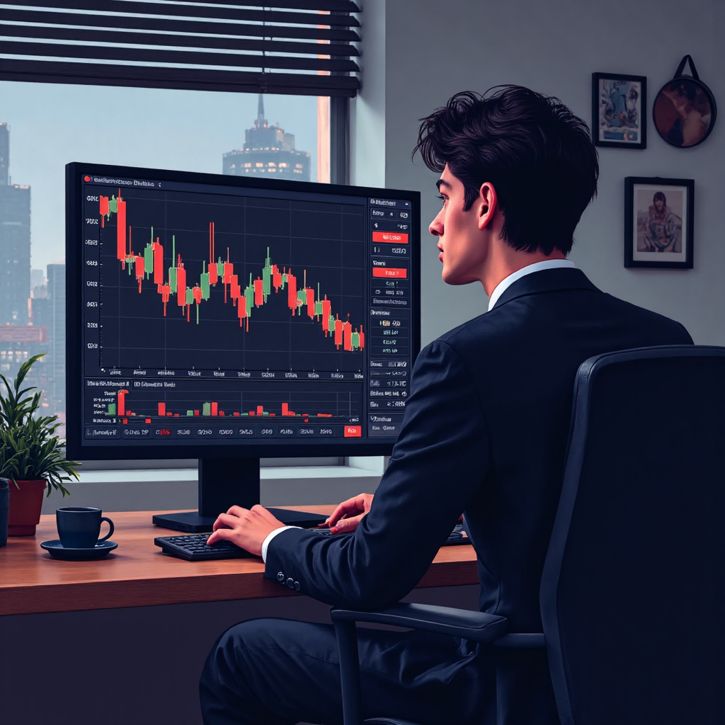 交易員焦慮地盯著顯示下跌走勢的螢幕，象徵財務損失與市場波動的像素藝術風格插圖