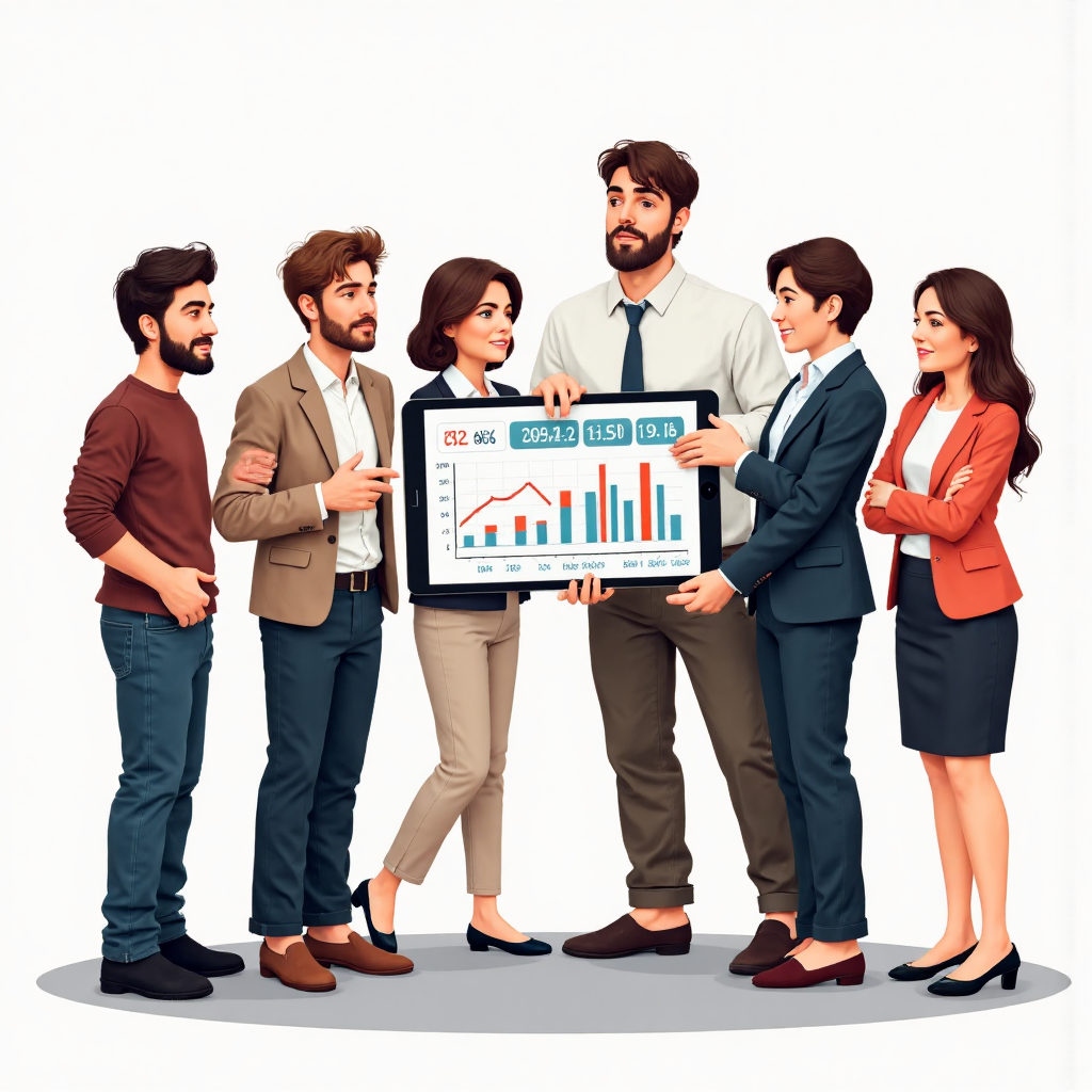 友善銀行員角色用數位平板解釋匯率圖表與貨幣圖示給多元群眾的像素藝術插圖