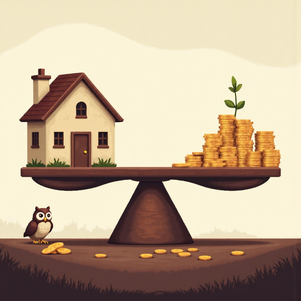 平衡秤一邊房子一邊金幣堆,象徵投資回報和價值概念,附近智慧貓頭鷹觀察,在寧靜環境中柔和大地色調