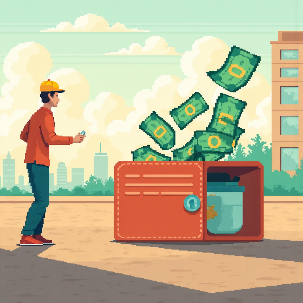 錢幣流入與流出個人錢包與企業建築的像素藝術插圖,營造平靜陽光氛圍與柔和粉彩調性