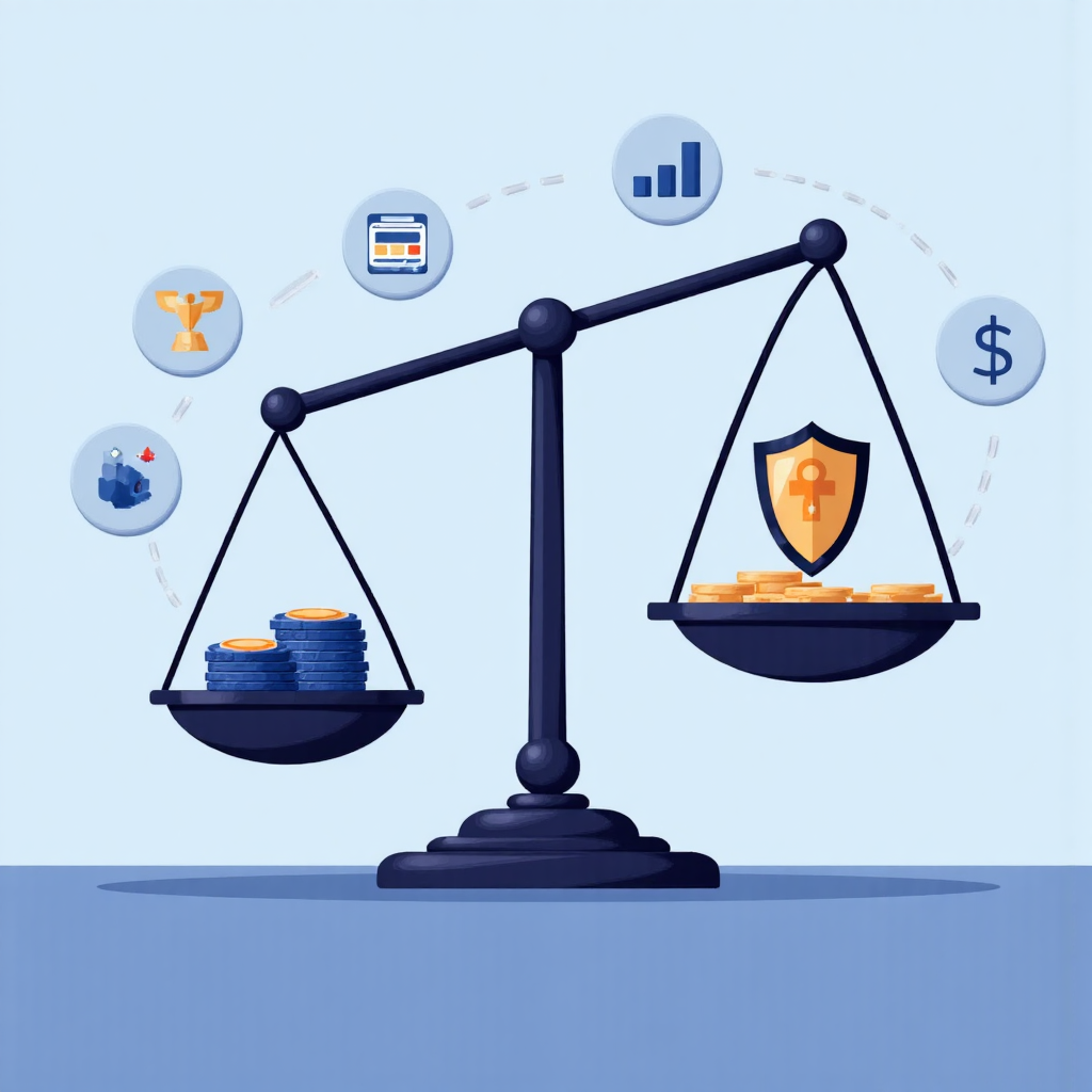 像素藝術風格的平衡天平插圖,一側放置金幣堆疊,另一側是盾牌象徵安全與謹慎規劃,周圍散布成長圖表和風險管理圖標,置於寧靜藍色背景上,融入細膩漸層效果