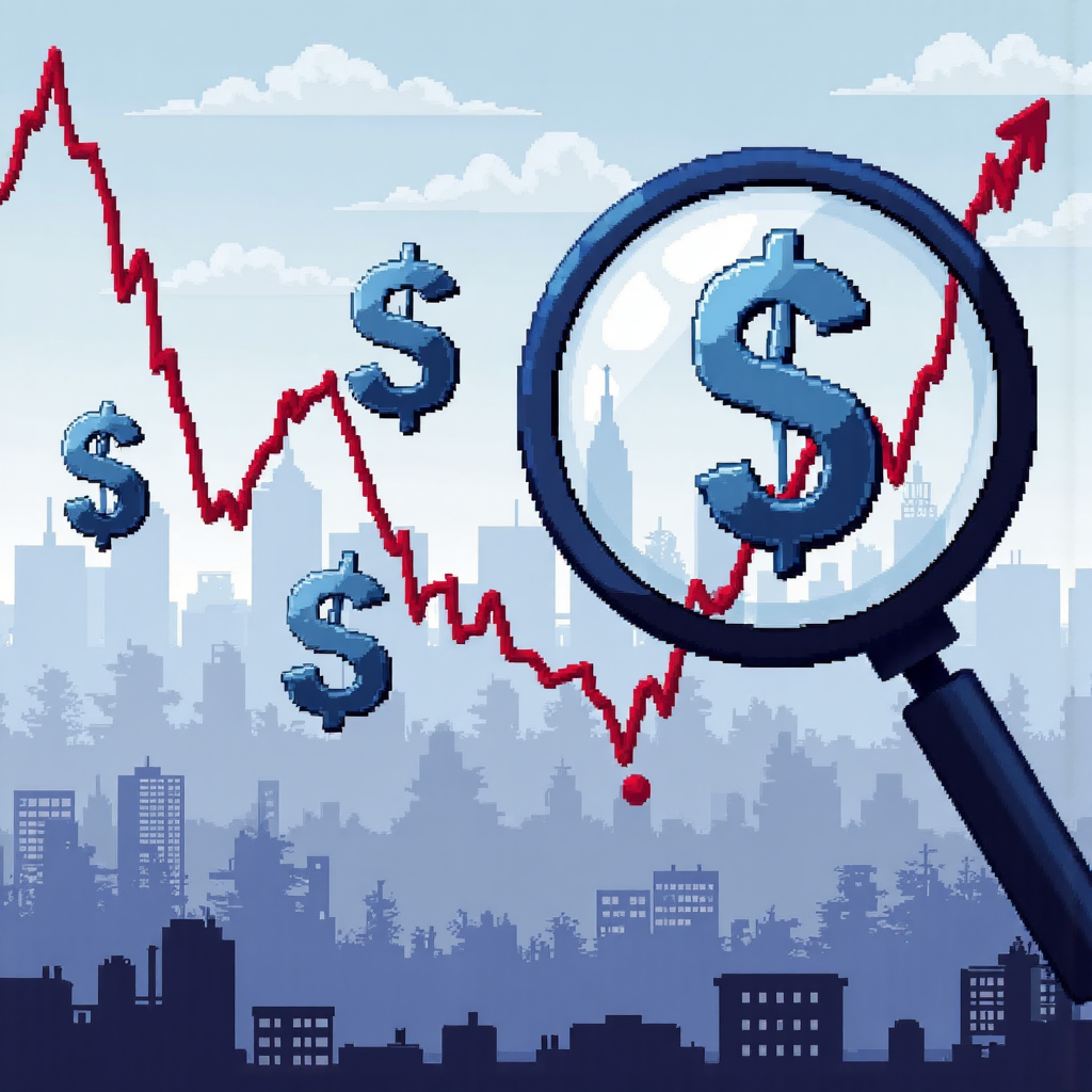 浮動貨幣符號與放大鏡檢視全球經濟圖表與上升趨勢線的像素藝術插圖