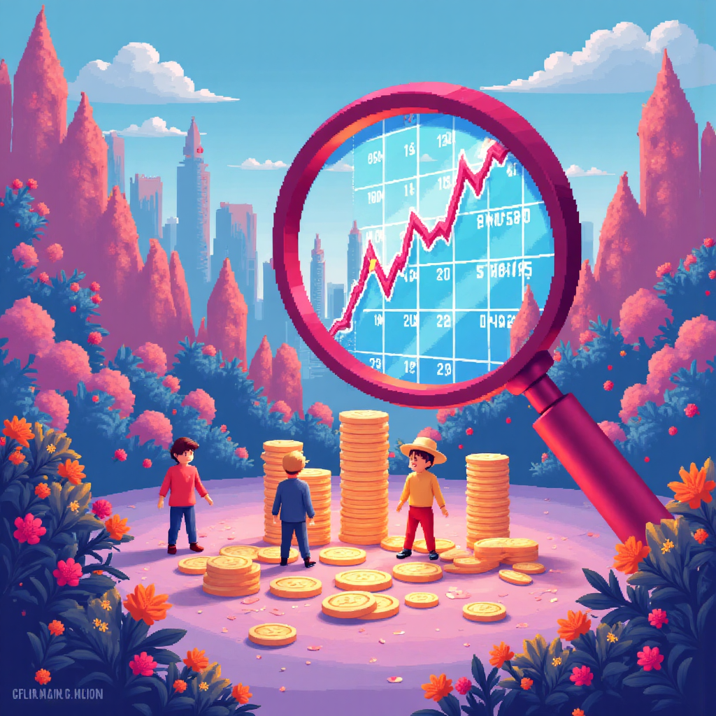 像素藝術風格的放大鏡懸浮在股票圖表上,顯示收益和價格的發光數字,周圍散落寶藏般的金幣,充滿活力明亮的設定中,卡通人物好奇觀察圖表