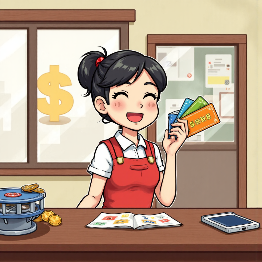 台灣銀行櫃員微笑持支票與硬幣的像素藝術插圖，象徵貼現服務的親切氛圍