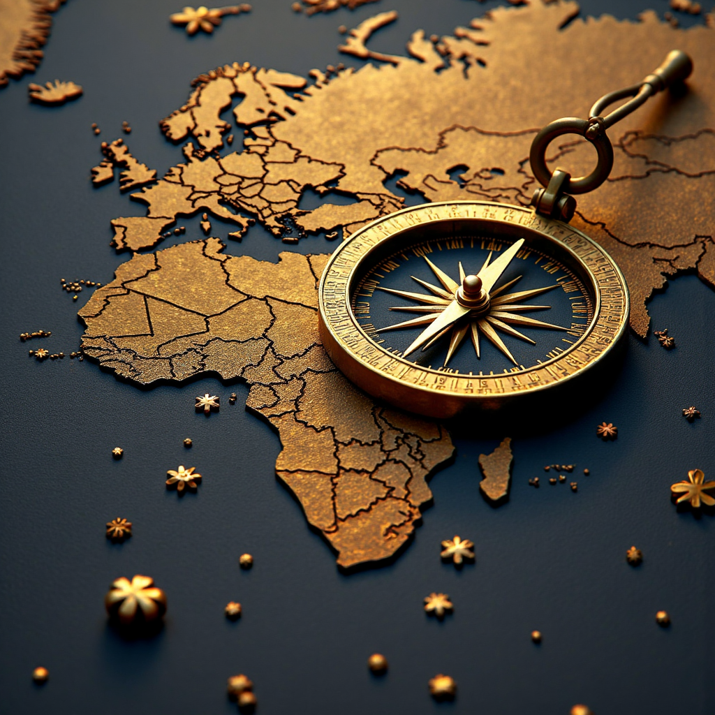 黃金指南指向上升金價圖表,背景融入全球經濟不確定與地緣政治地圖元素,散發溫暖光芒與探索希望