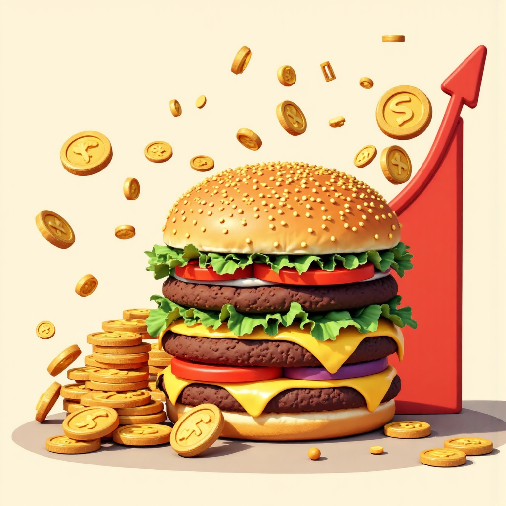 大麥克漢堡轉變為經濟圖表與金幣雨的像素藝術插圖,象徵購買力繁榮