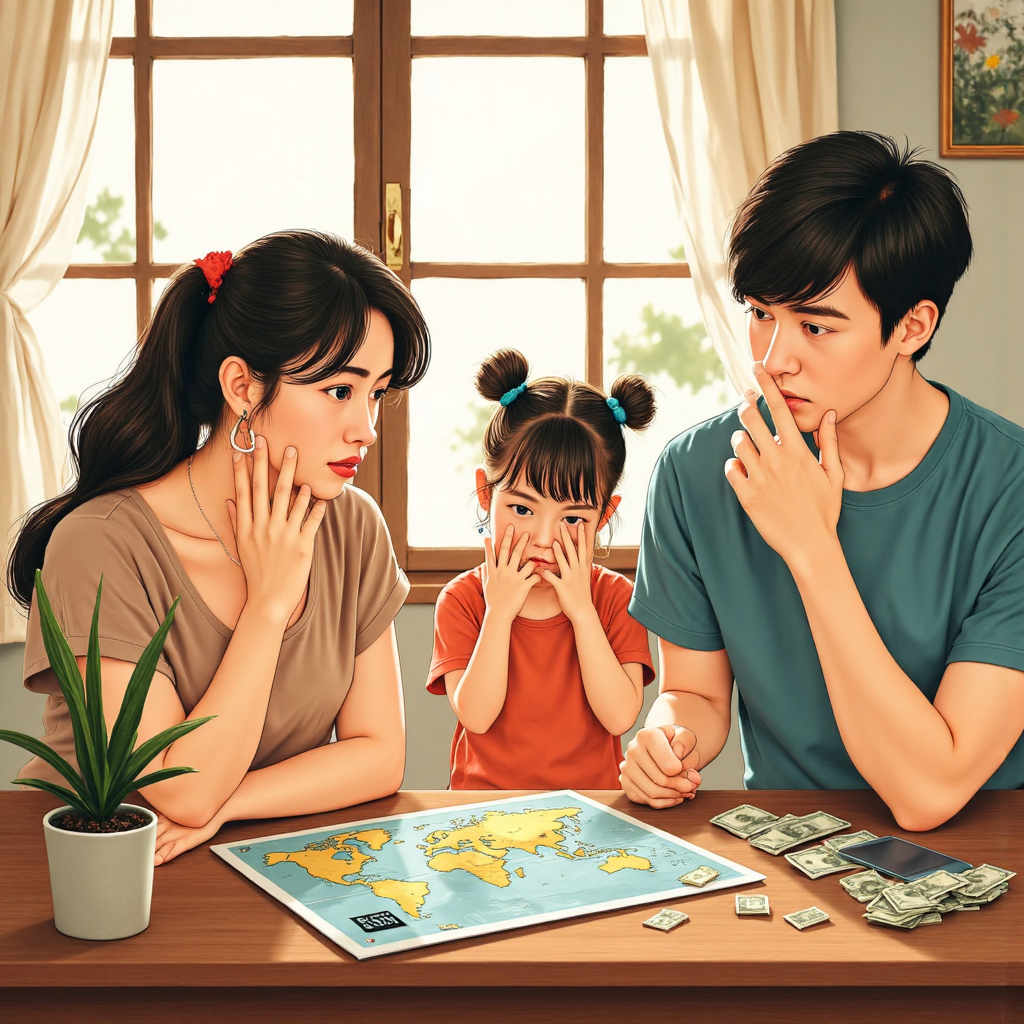 台灣家庭檢視旅遊預算的溫暖像素藝術插圖,桌上散落美元鈔票與世界地圖,傳達財務決策的關切與決心