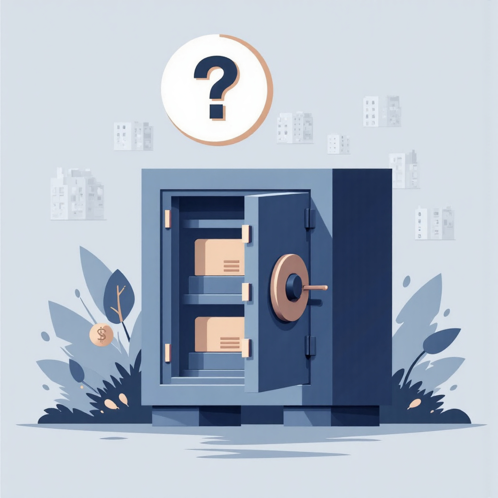 像素藝術風格的鎖定金庫圖像,上方有問號象徵流動性風險,柔和藍灰色調與抽象金融數據背景,突出私募基金的資金鎖定特性