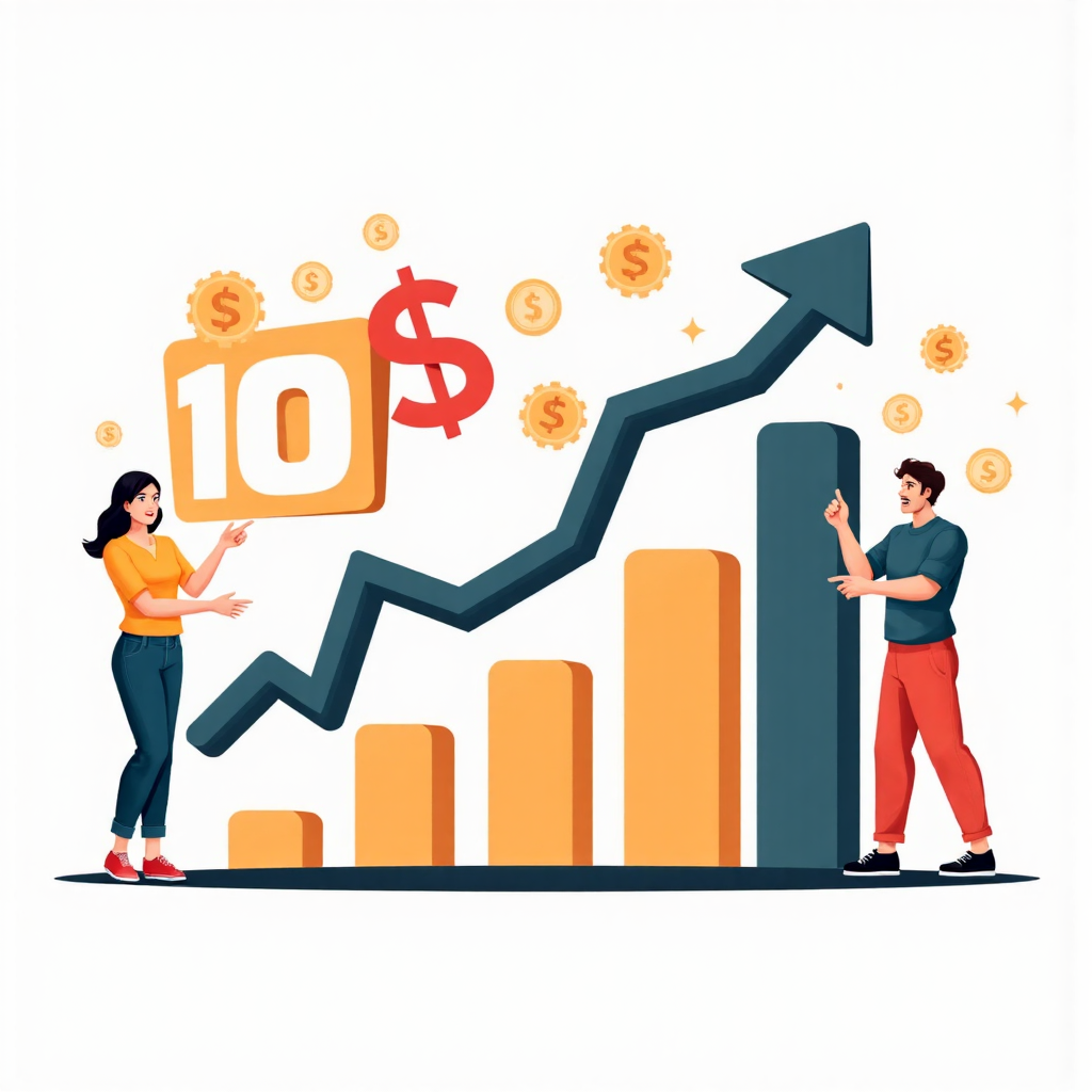 現代視覺表示簡化股票圖表,大數字10旁邊向上趨勢箭頭,卡通人物興奮指向它,乾淨明亮的背景,周圍浮動金融圖標