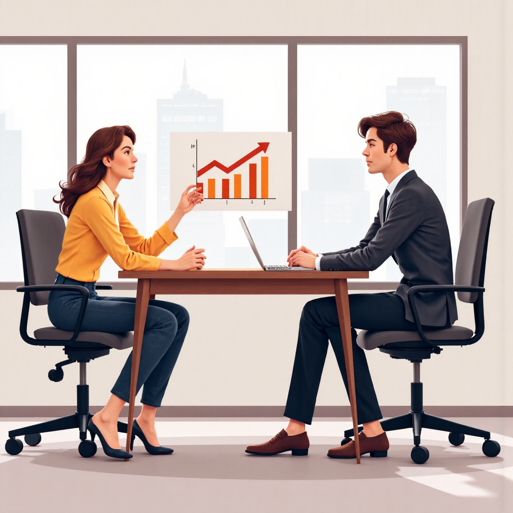 一位自信個人在現代辦公室中與市場價值指標談判的勵志像素藝術插圖