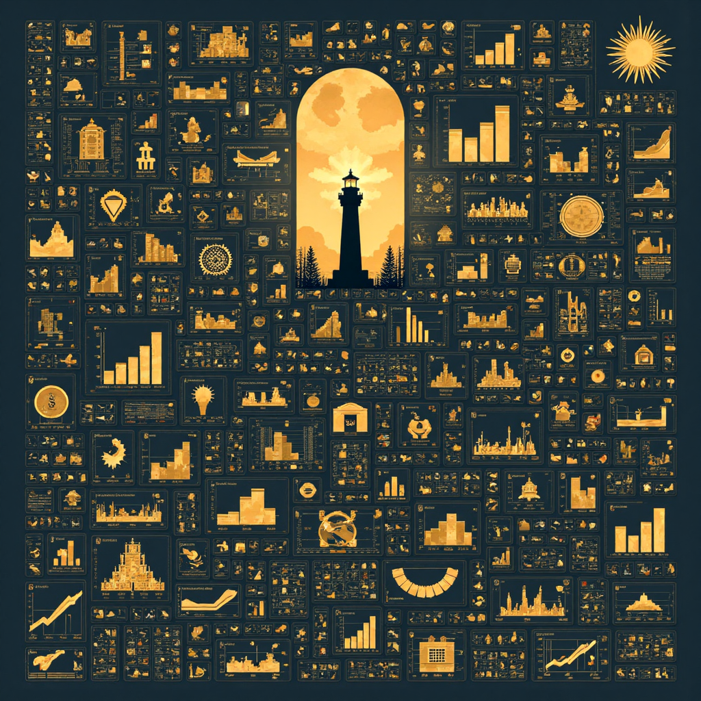 像素藝術風格的全球經濟指標圖像,包含圖表與貨幣符號的和諧織錦
