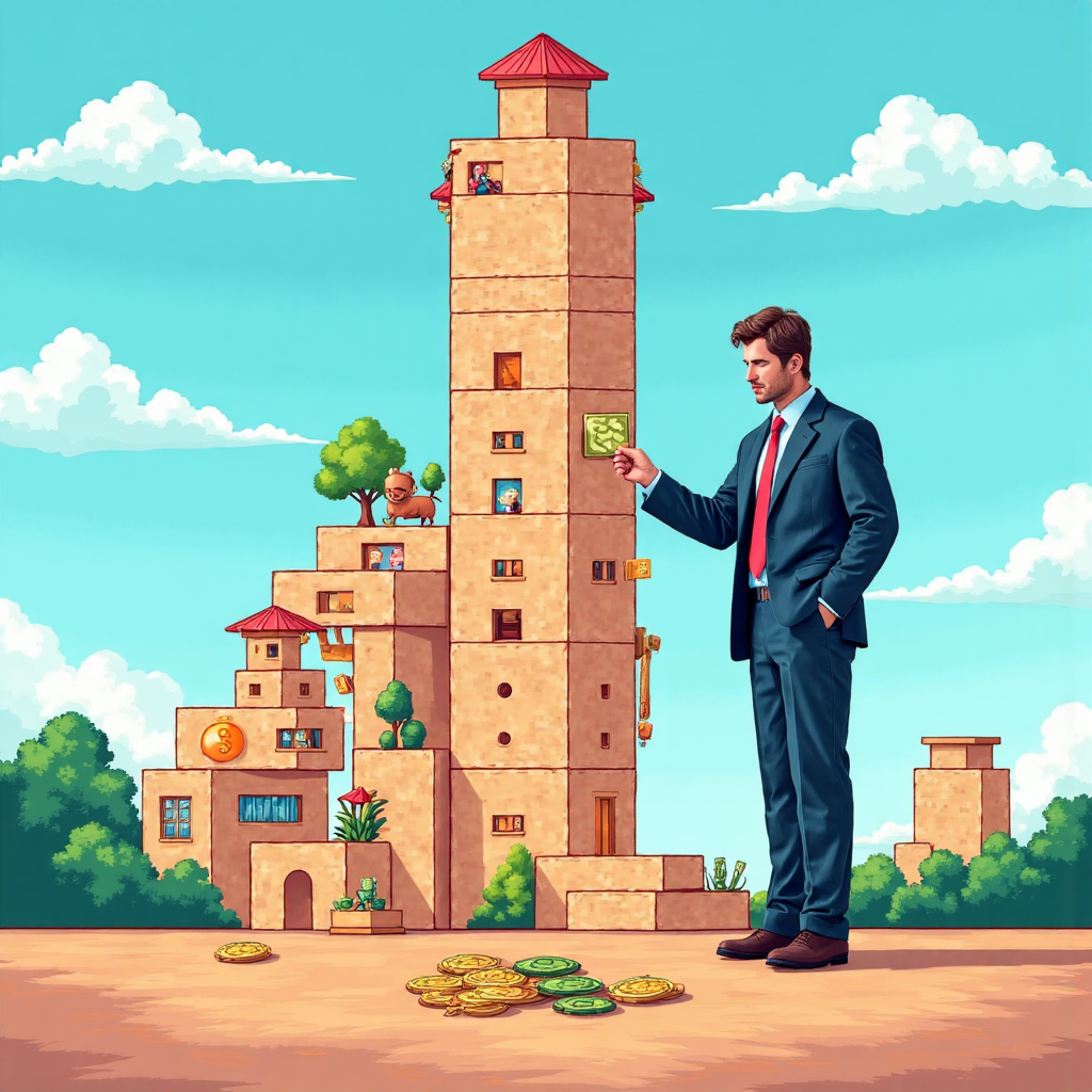 擴大投資組合的像素藝術插圖,人放置積木代表成長與穩定,藍天背景增添活力