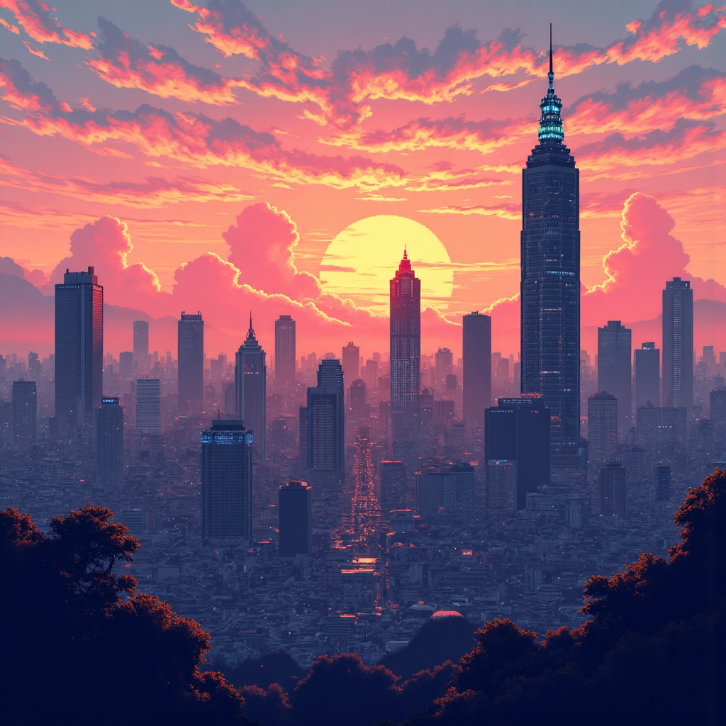 a dynamic artwork showing a Taiwanese cityscape at sunset with subtle overlays of financial charts and upward trending arrows symbolizing a company's successful journey through equity financing and its integration with global markets