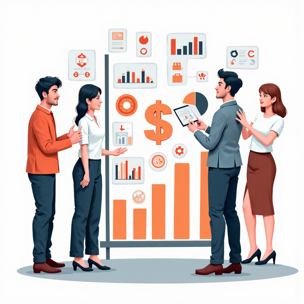 台灣投資人分析圖表的動感像素藝術插圖,大型美元符號周圍環繞多元貨幣,象徵謹慎樂觀的資產配置策略