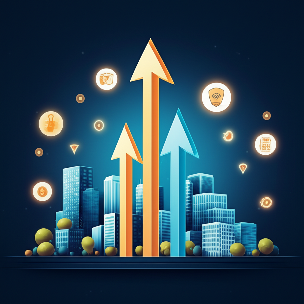 蓬勃發展公司的生動插圖,向上成長箭頭、強大品牌牆壁和輕資產,代表高本益比的原因