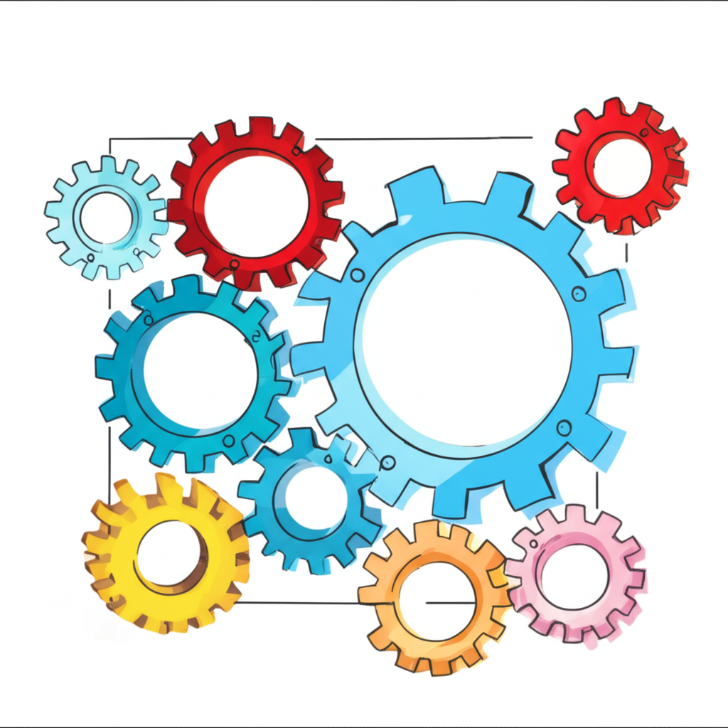 齒輪轉動插圖，顯示不同部門以顏色或符號互聯的數位線條，象徵組織內的流程轉變與文化變革